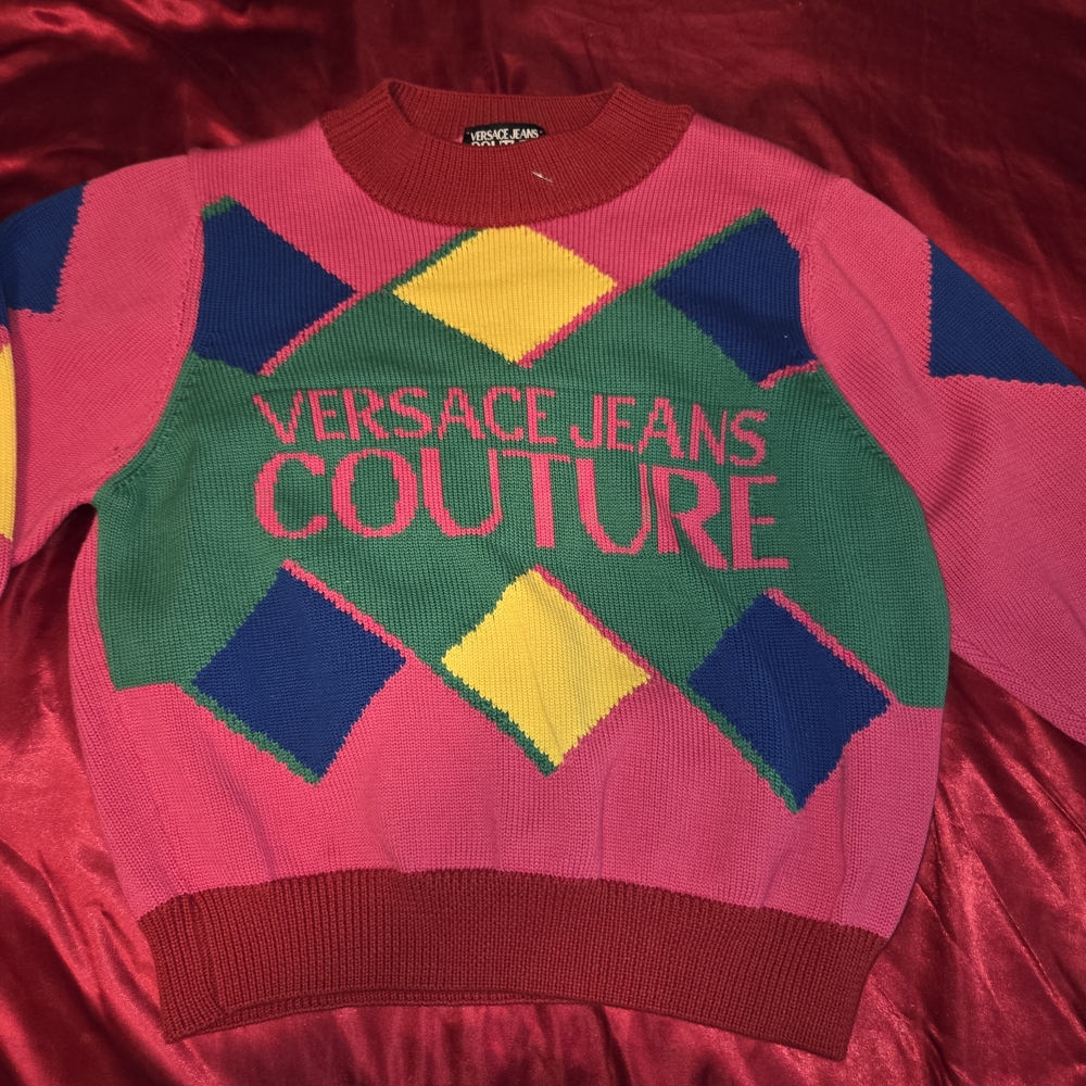 Versace Jeans Couture Y2K Logo Argyle Colorblock Knit Sweater